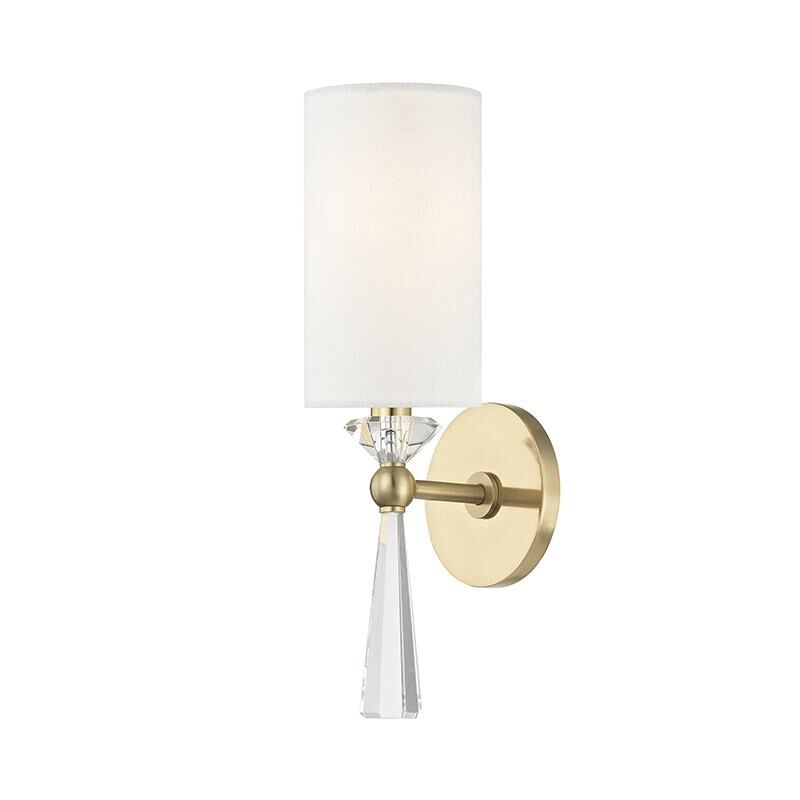 Shown in Aged Brass finish and Off White Linen shade